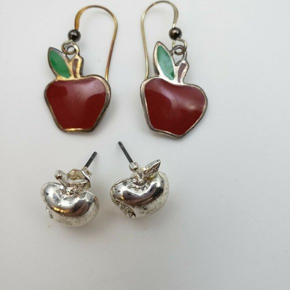 Set of TWO Apple Pierced Earrings - 1 925 Sterling - Picture 2 of 9